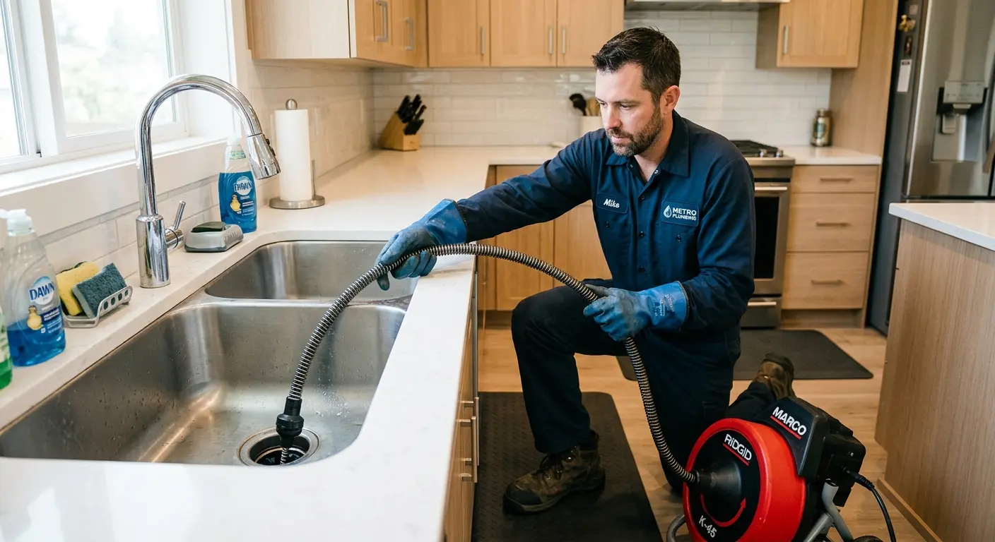 Drain cleaning technician using a motorized snake on a kitchen sink in Raynham