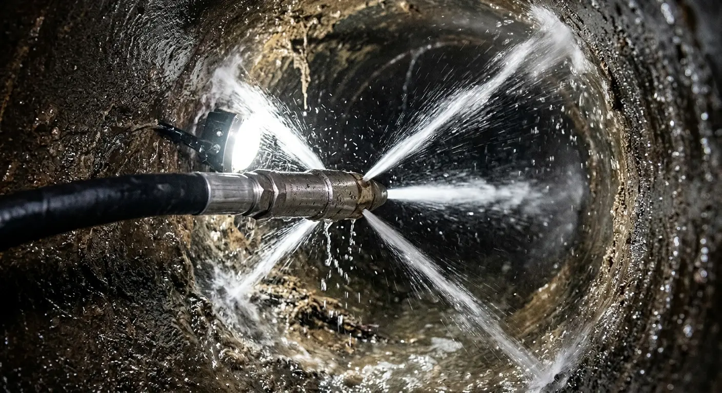 High-pressure hydro jetting nozzle cleaning sewer pipe for Emergency Drain Service in Raynham