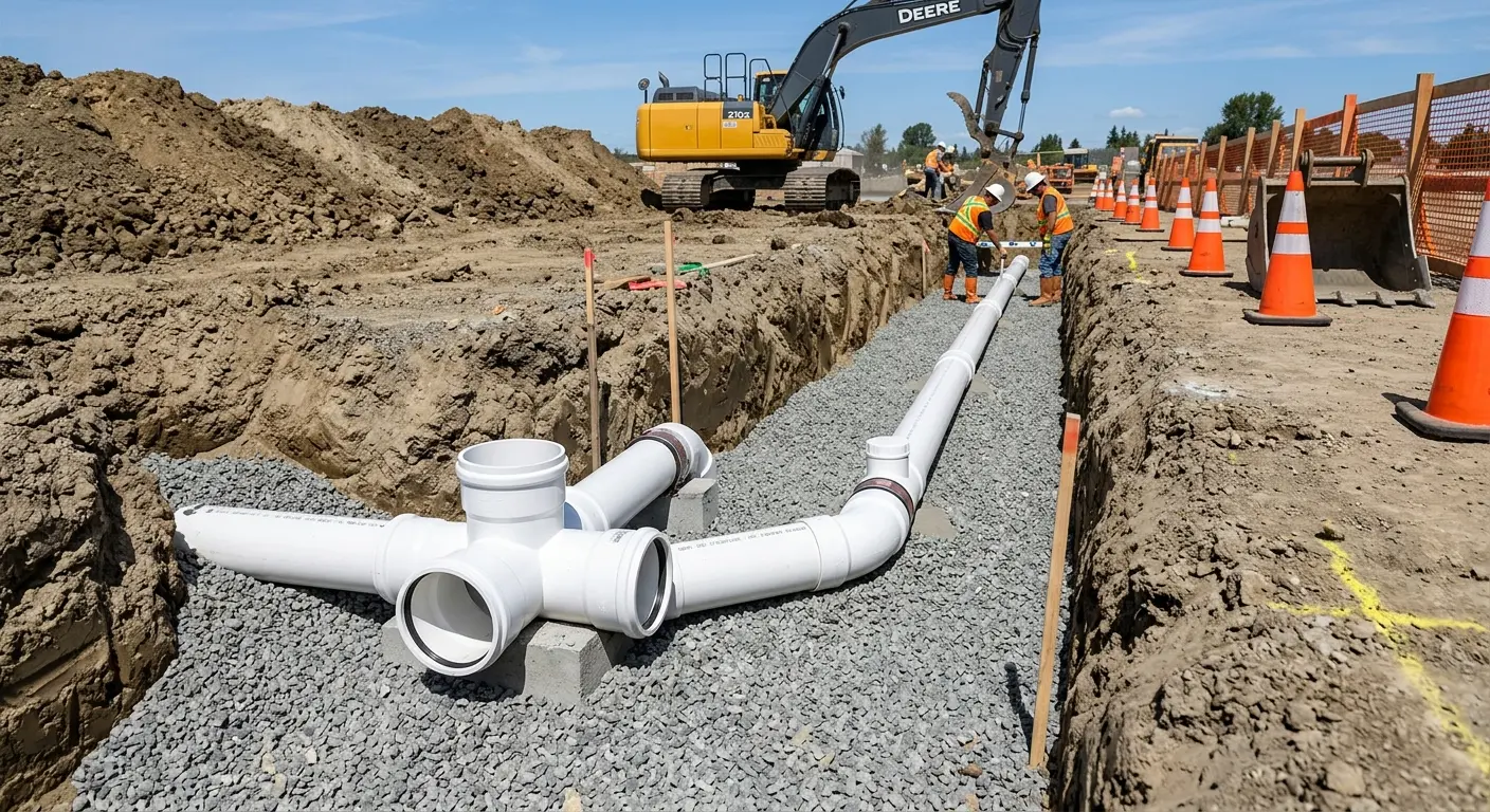 New PVC sewer pipe installation in open trench for Commercial Drain Cleaning in Raynham