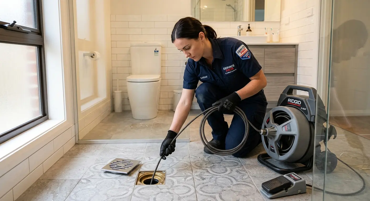 Technician clearing a bathroom floor drain for Drain Repair in Raynham